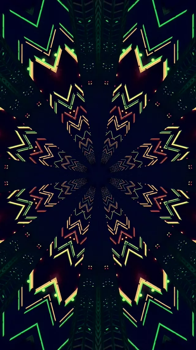 Неоновый Туннель Калейдоскоп Зеленый Золотой 60fps 9:16 Reels Заставка PC VJ Loop