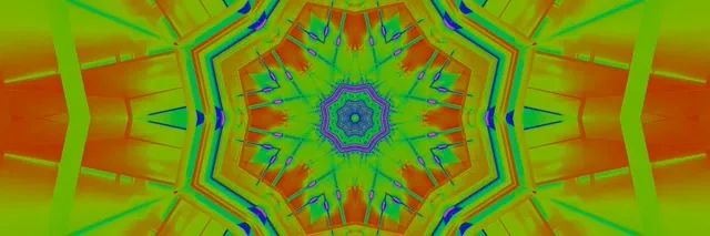 دوامة كاليدوسكوب نيون متماثلة مع أشعة خضراء وزرقاء وبرتقالية نابضة بالحياة تدور من النجم المركزي، حلقة 60fps