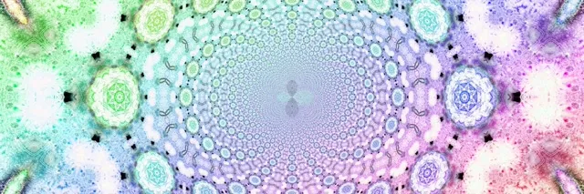 نفق حلزوني مانديلا نيون متوهج مع دوائر متحدة المركز باللون الوردي والبنفسجي والسماوي، مما يخلق تأثير دوامة مغناطيسي لحلقات VJ