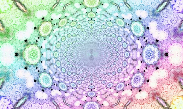 نفق نيون متوهج يتحرك بشكل حلزوني عبر دوائر متحدة المركز في نغمات قوس قزح النابضة بالحياة—الوردي والبنفسجي والسماوي والأخضر ينشئان نمط تراقص كاليدوسكوبي ساحر. حلقة VJ مجردة.