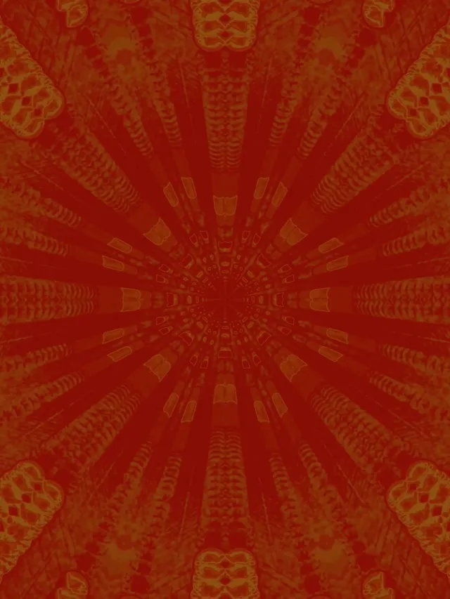 Punane ja kuldne radiaalne kaleidoskoobi plahvatus sümmeetriliste geomeetriliste mustritega, mis kiirgavad keskelt, luues hypnotiseeriv neon tunnel VJ loop efekti