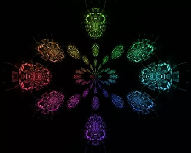 Neonový tunel duhový fraktální květ 5:4 průmyslový 60fps spořič obrazovky Vj loop