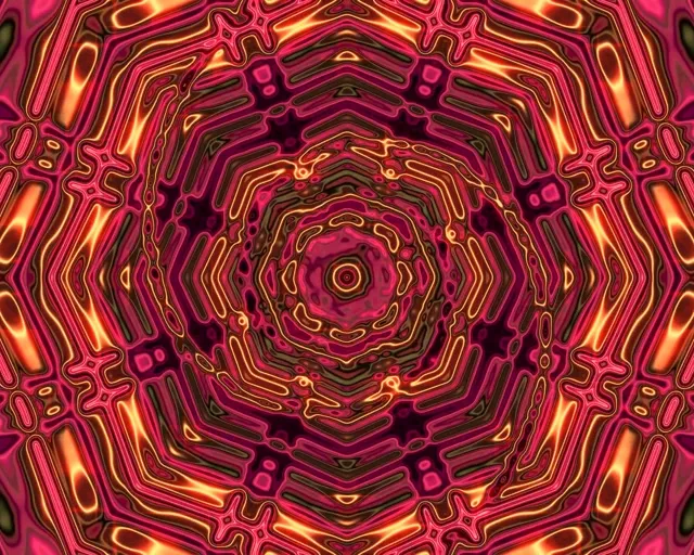 Neon tunel bizia, rosa, magenta eta urrezko erdialdean geometrikoak espiralez barrualdera bihurtzea, 4K VJ loop screensaver hipnotikoa sortuz estétika industriala dituzten distiratsuak
