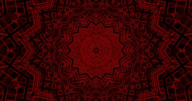 Twnnel kaleidosgop neon coch dwfn gyda phatrymau geometrig cydganoledig yn pelydru i mewn, gan greu corwyntoedd cymesur hypnotic cefndir mudiant VJ haniaethol