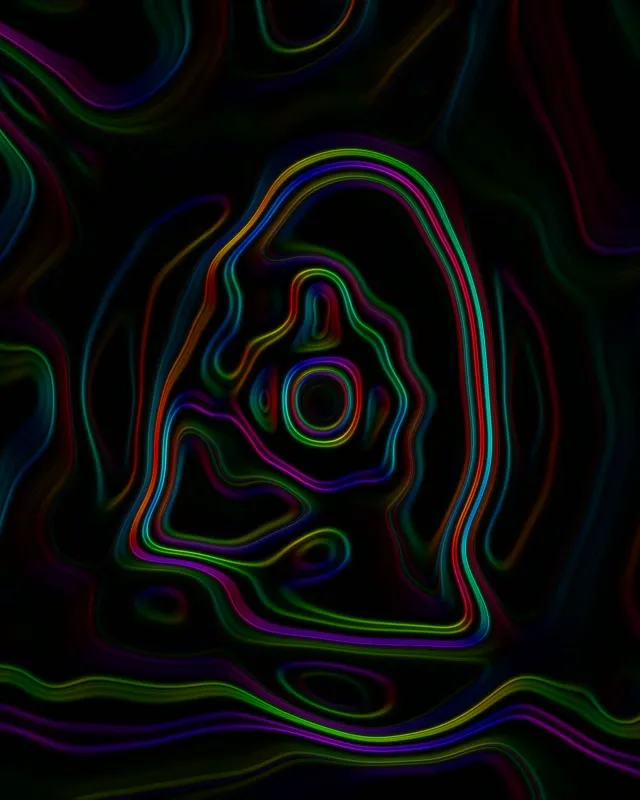 緑、青、紫、赤の同心円状の地形波を持つ活気あるネオンテューネルが、VJループとして抽象的な渦巻き運動を生成