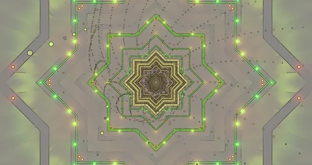 รูปแบบดาวเรขาคณิตนีออนสีเขียวและทองที่มีความเข้มข้นพร้อมขอบนีออนที่ส่องแสงสร้างเอฟเฟกต์อุโมงค์ไม่สิ้นสุด วงVJ 4K