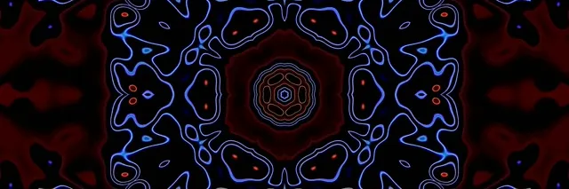 نفق نيون متماثل مع نمط كاليدوسكوب أزرق وأحمر لامع، مركز هندسي سادس، حلقة VJ مجردة