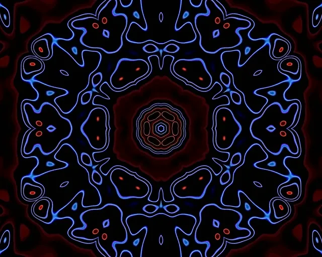 Neon urdina eta laranja kaleidoskopio tunel simetrikoa gelar geometrikoen ereduekin zentrutik igortzen dena, VJ looparen denbora-sakonera efektua sortzen du