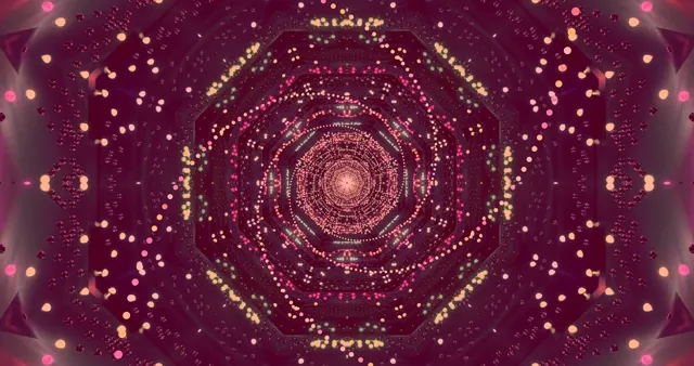 نفق دوامة حلزونية هندسية نيون بنفسجي وردي مع أنماط ضوء متحدة المركز، حلقة VJ 4K