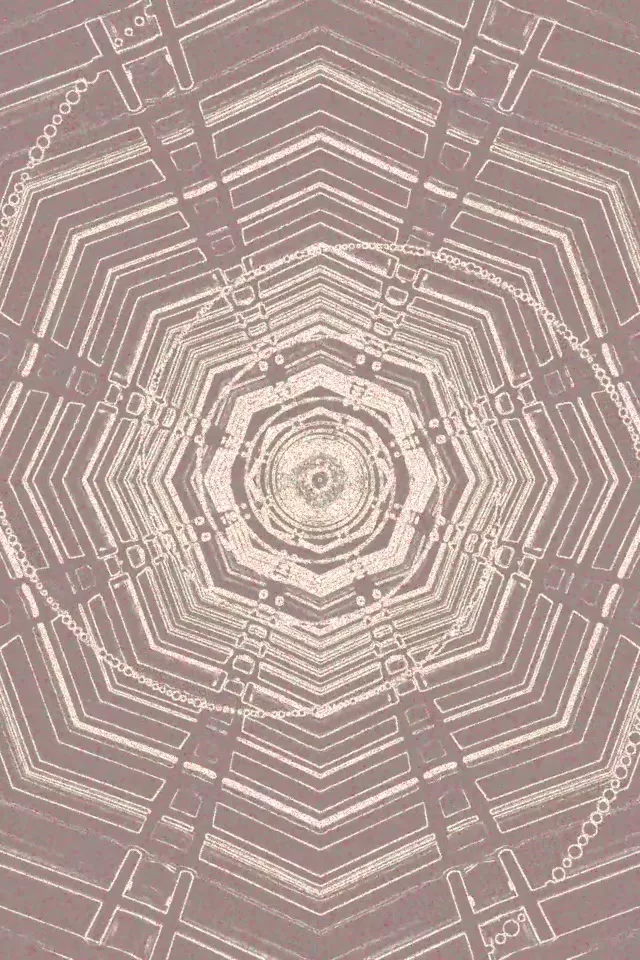 Symetryczny neonowy tunel ośmiokąta z koncentrycznymi warstwami geometrycznymi spiralującymi do jasnego centrum, w tonach lilaka i kremowych z ostrymi szczegółami linii, efekt pętli VJ