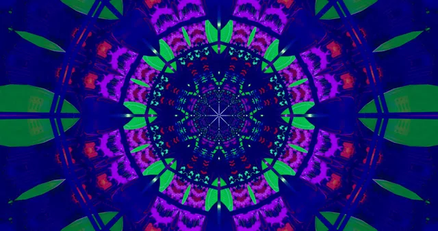 Vibrantni neon tunel VJ loop s magentom, zelenom i dubokom plavom geometrijskom mandaloom spiralizacijom prema centru u 4K 60fps pozadini