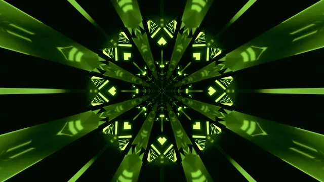 מנהרת ניאון ירוקה בהירה עם דפוס קליידוסקופ סימטרי המקרין מהמרכז, לולאת VJ 4K רקע תנועה מופשט