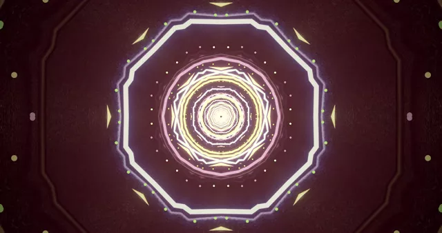 Lingkaran neon konsentris bersinar dalam warna ungu dan emas membentuk pusaran terowongan spiral yang memukau untuk loop VJ 4K