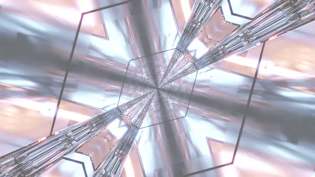 Tunnel néon abstrait avec formes géométriques cristallines convergeant vers le centre, rayons lumineux violets, roses et argentés créant une boucle vidéo 4K