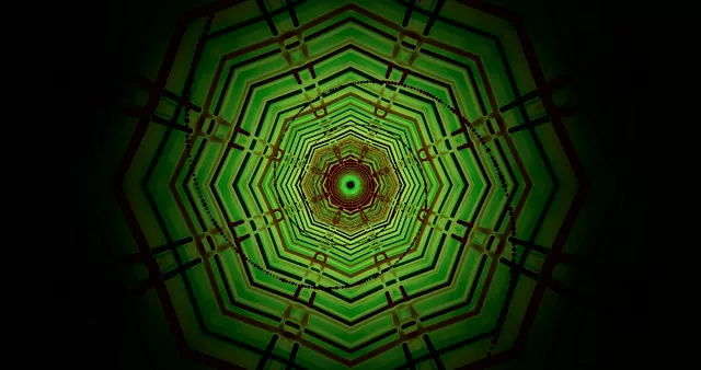Konsentrisk grønn neon sekskantets tunnel med glødende rødt senter, 4K 60fps VJ-løkke geometrisk mønster
