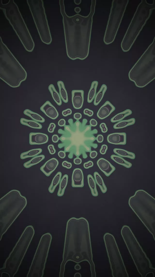 Συμμετρική νέον σήραγγα με λαμπερό πράσινο δίνη και σκοτεινό γκρι περίγραμμα, αφηρημένο γεωμετρικό σπειροειδές μοτίβο, 4K VJ βρόχος