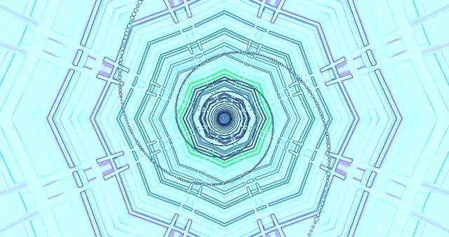 Concentrische cyaan en neongroen zeshoekige tunnel spiraliserend naar binnen, 4K VJ-loop bewegingsachtergrond met geometrische diepte