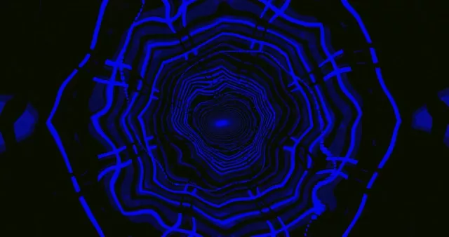 蓝色霓虹同心圆环螺旋进入黑暗隧道，4K VJ循环视觉背景，几何涡旋图案发光，流畅运动效果
