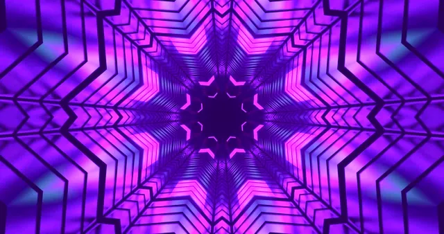 Symmetrical neon tunnel na may pink at purple chevron patterns na umiikot papasok, lumilikha ng hypnotic vortex effect para sa 4K VJ loop visual background