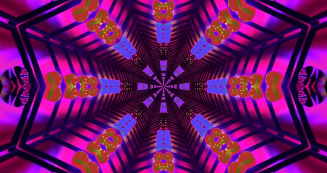 對稱霓虹隧道，洋紅和紫色條紋牆壁，金色幾何圖案和藍色強調從中心放射，4K VJ迴圈視覺背景