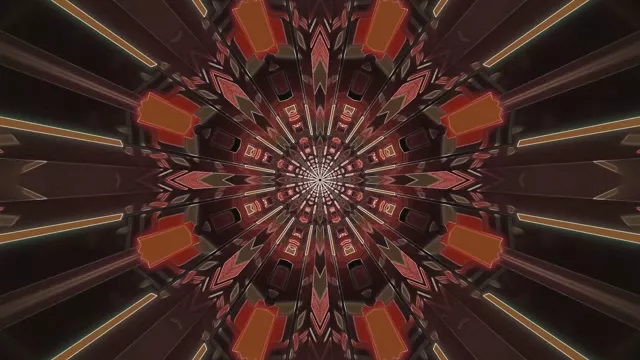 სიმეტრიული ნეონის მილის წინელი წითელი, ნარინჯისფერი და მუქი ყავისფერი გეომეტრიული ნიმუშებით სპირალურად შიგნით, ქმნის ჰიპნოტიკურ 4K VJ ციკლს