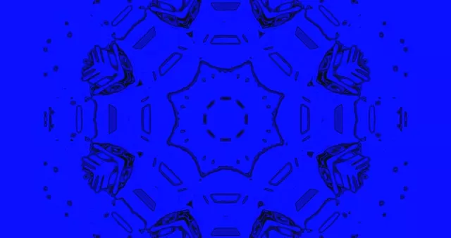 深藍色霓虹隧道，對稱幾何圖案和發光中心渦流，4K抽象VJ循環運動背景