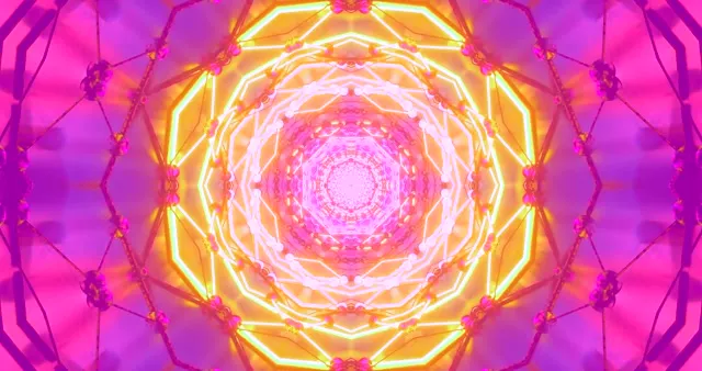 Kiirgav neooniliste tunneli pöördetus kontsentriliste ringidega, mis helendavad roosaselt, magentaga ja kullasel kollasel abstraktses VJ-tsüklis 4K 60fps