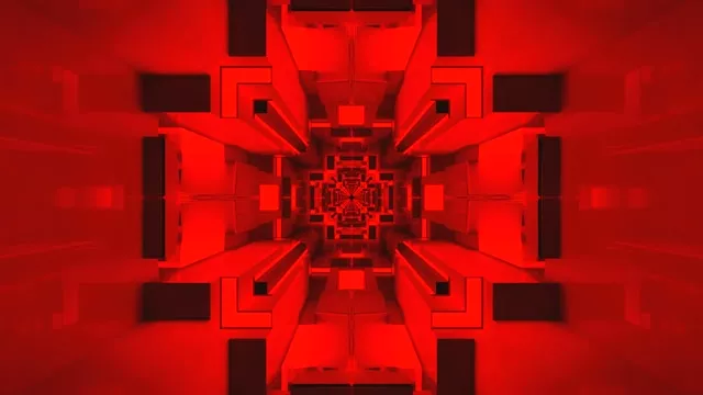 تونل نئون قرمز عمیق با اشکال هندسی متقارن که به دید بی‌نهایت همگرا می‌شوند، پس‌زمینه VJ loop 4K خیره‌کننده