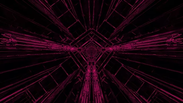 تونل نئون متقارن صورتی و سرخ کاشتی با شبکه‌های هندسی در فضای سیاه، دیدمان بی‌نهایت، حلقه VJ انتزاعی 4K 60fps