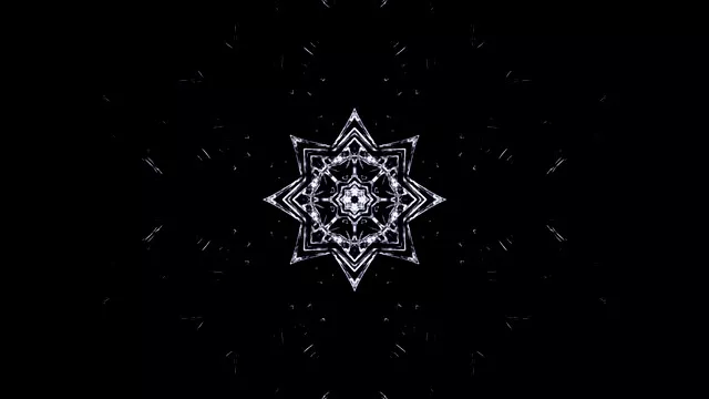 Symetryczny biały neonowy mandala geometryczny na czarnym tle, błyszczący wybuch gwiezdny pętli VJ z zagnieżdżonymi trójkątami