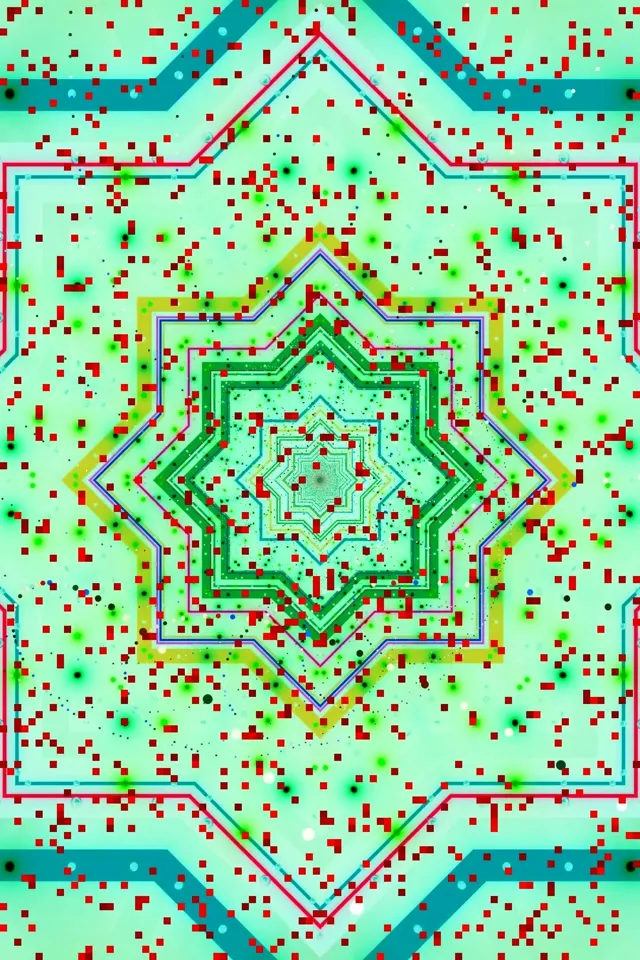 Koncentryczna gwiezdna mandala neonowa z zagnieżdżonymi warstwami zieleni i magenty, pikselizowana czerwona tła, pętla VJ 60fps