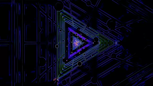 Tunnel triangolare in neon viola e blu con motivi circuito luminosi, VJ loop 4K movimento spirale con profondità geometrica