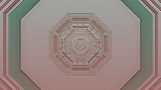 Astuņstūra rozā un pelēks neon tunelis ar koncentriskiem ģeometriskiem slāņiem, kas rada dziļuma efektu, ideāls VJ cilpām