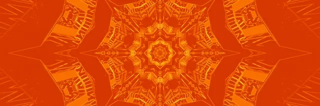 نمط نجمة الكاليدوسكوب النيون البرتقالي المتماثل يشع من المركز، خلفية حلقة VJ الهندسية المتوهجة بألوان دافئة