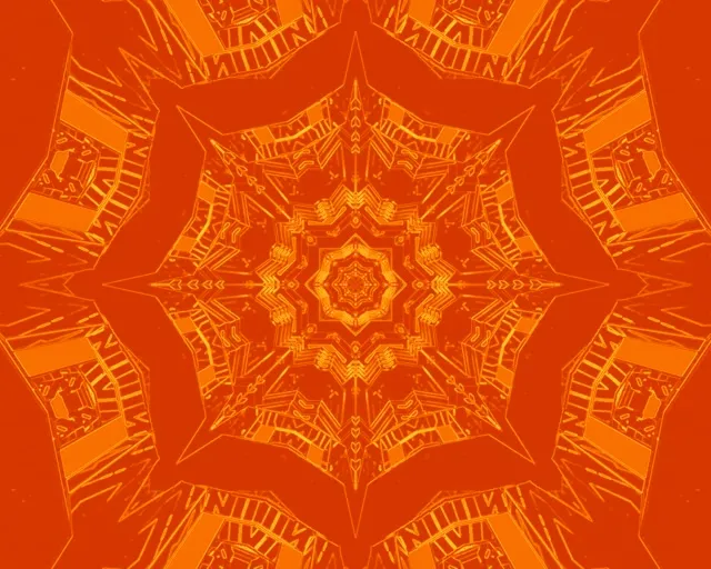 Simetrikoa diren laranja neon kaleidoskopio eredua, zentroan irradiatzen duten zirkunzentroa izarrez, hipnotizako tunelaren efektua sortuz bero-anbargo tintuetan VJ begiztatzerako
