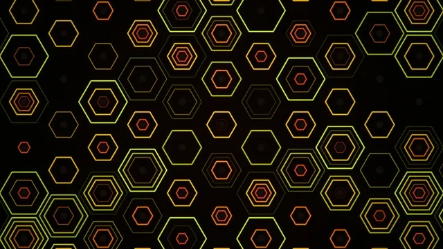 Patterns of hexagons in different colors on a dark background