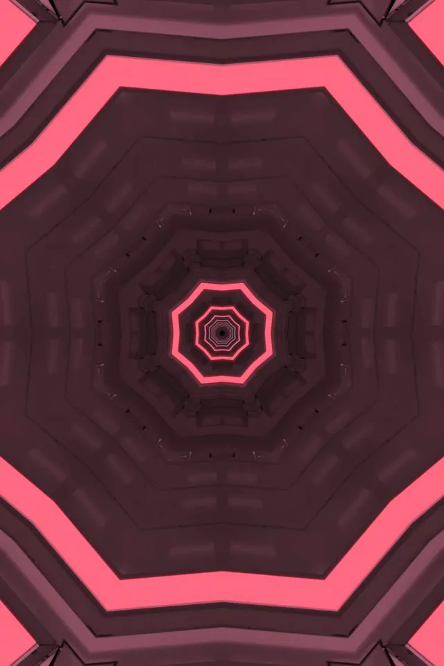 Świecący różowy i głęboki fioletowy tunel ośmiokąta neonowego spiralnie skręcający się do wewnątrz, tworząc hipnotyzujący efekt wiru. Abstrakcyjne tło ruchu pętli VJ z symetrycznymi warstwami geometrycznymi i żywym blaskiem neonu.