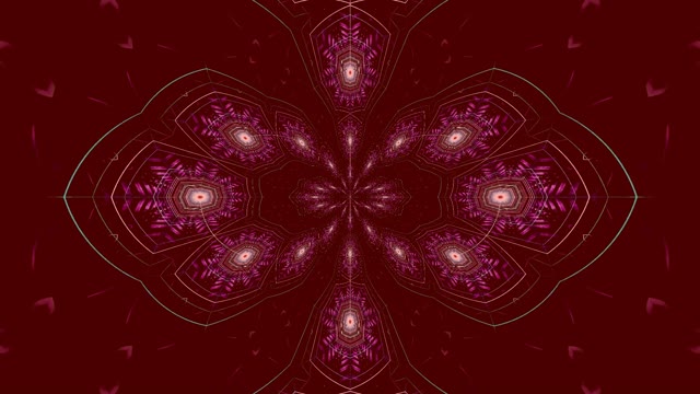 Simetrik mor neon mandala, parıldayan geometrik ışık desenleri radyal tünel girdabı oluşturuyor, soyut VJ döngüsü 60fps