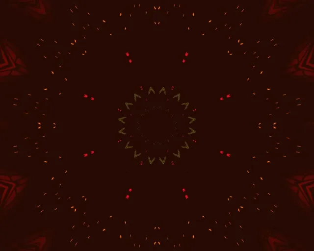 Gorri eta urrearen neon mandala izar patroia zentrotik irradiatzen du particle efektu distiratsuekin, industrialaren VJ loop mugimendu fondo iluna