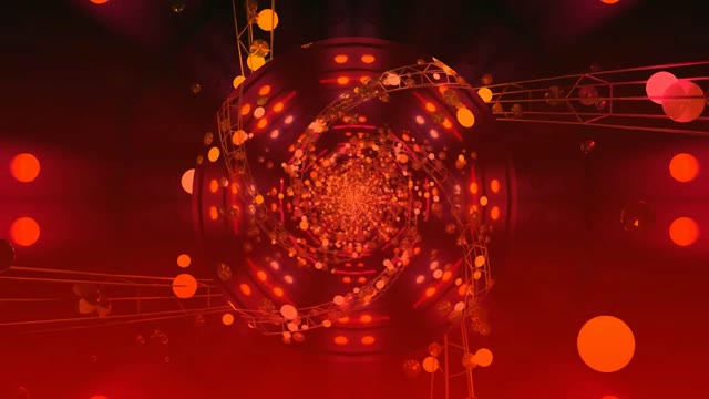 Red terowong neon 60fps dengan glowing spheres dan spiral geometric patterns