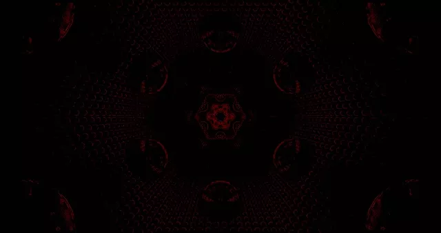 Crveni kaleidoskopski uzorak neonskog tunela sa simetričnim geometrijskim oblicima koji čine beskonačan spiralni vrtlog u apstraktnoj petlji kretanja 4K 60fps