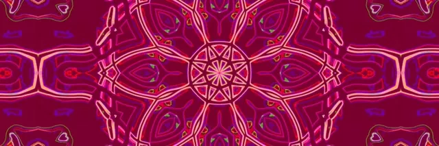 نفق مندالا نيون متماثل مع أنماط وهجة قرمزية وردية تشع من المركز، حلقة VJ 60fps حيوية