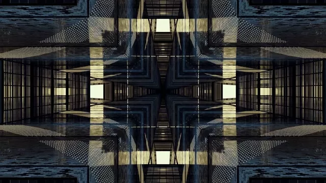 Symetryczny geometryczny tunel neonowy ze wzorami w lustranych czarnych i złotych pasach, tworzy abstrakcyjną pętlę VJ 4K z hipnotyczną głębią