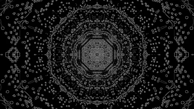مندالای هندسی متمرکز با حدود نئون که اثر تونل خيال انگيز را در رنگ های سیاه و سفید برای حلقه های VJ 4K ایجاد می کند