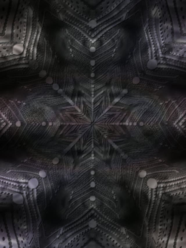 SCHRITT 1: Das Bild zeigt einen symmetrischen Neon-Tunnel mit geometrischen Mustern in Dunkelblau,