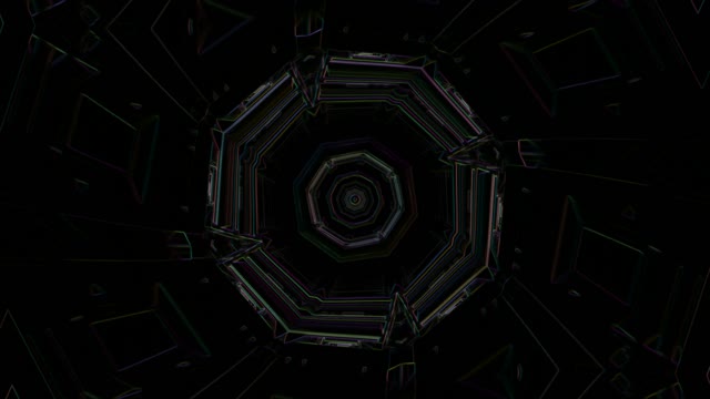 Neon tunnel 60fps with octagonal geometric rings and pulsing purple green glow
