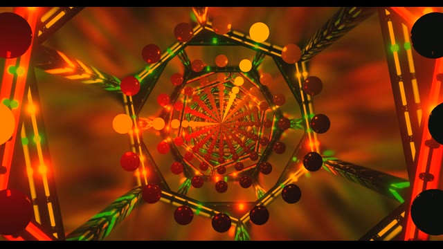Abstrakcyjny Geometryczny Tunel z Pomarańczowymi Zielonymi Kulami - Psychedeliczny VJ Loop