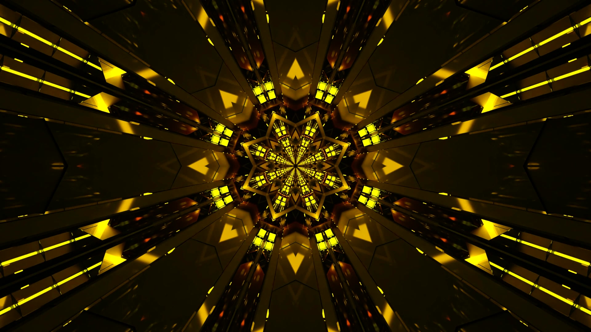 Tunel Neon Auriu Caleidoscop 4k UHD 60fps Screensaver VJ Loop