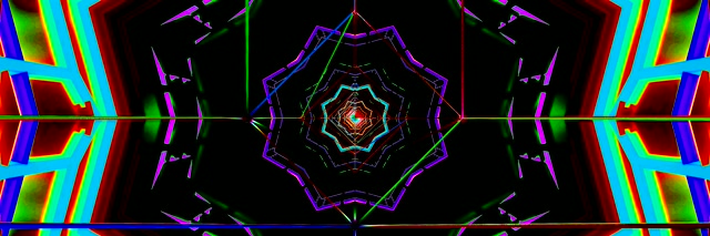 Neon tunel kaleidoskop šetrič obrazovky 32:9 ultrawide 60fps VJ loop windows 11 farebný geometrický