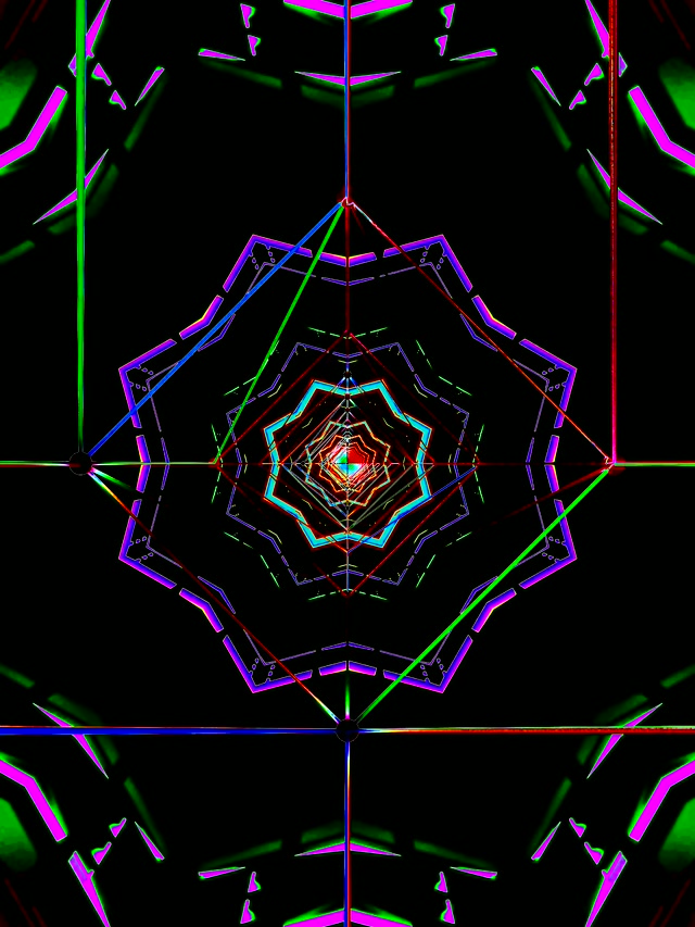 Neon tunel šetrič obrazovky 3:4 ipad portrait 60fps fialový zelený kaleidoskop VJ loop windows 11